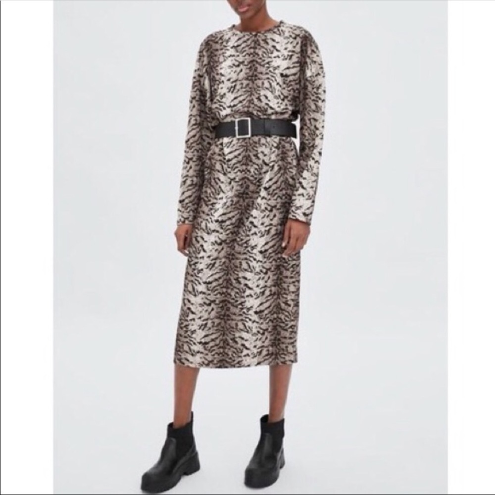 NWT Zara Animal Print Long Sleeve Midi Dress, Small